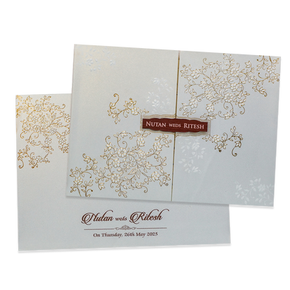 White Gold Floral Door Style Padded Wedding Card - KRE25880