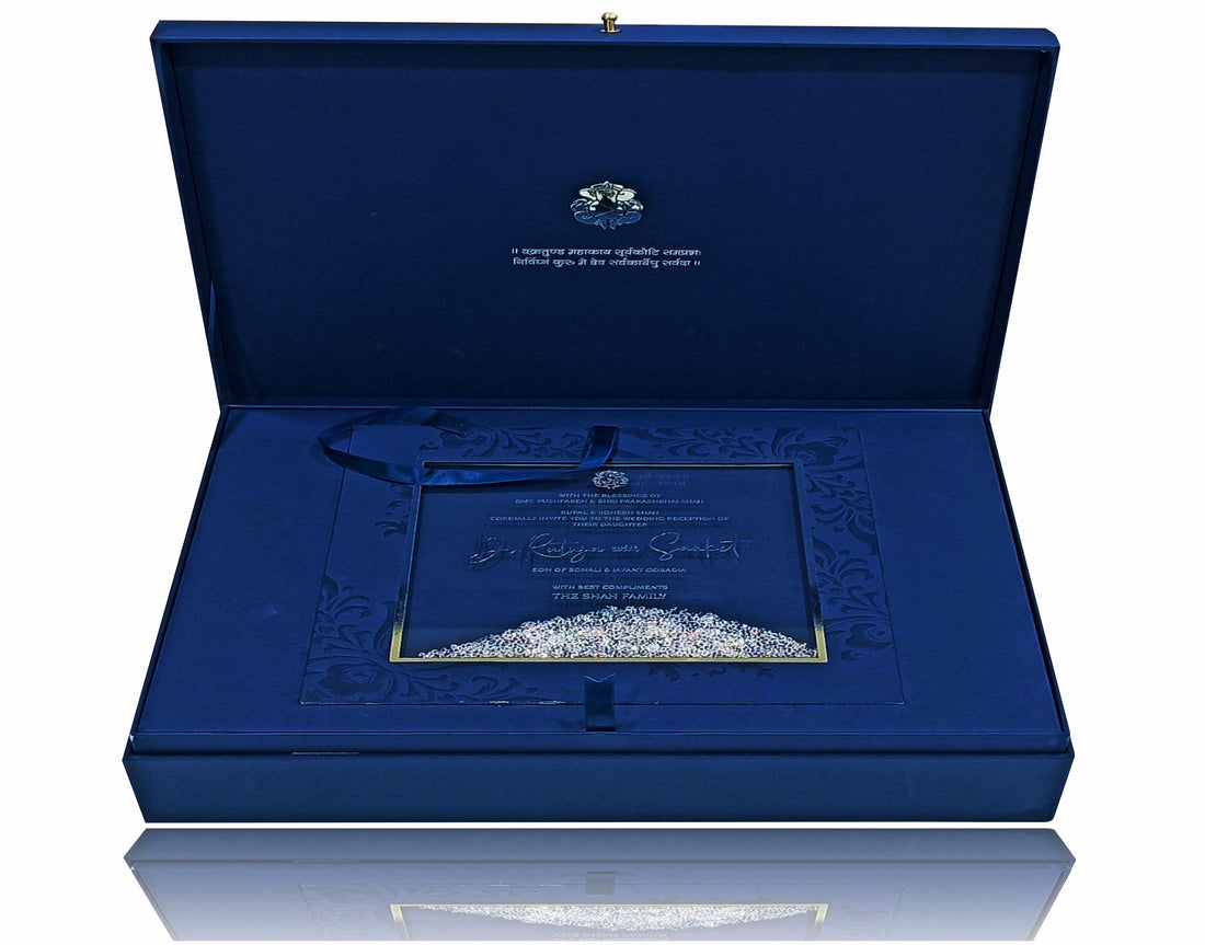 Navy blue crystal premium wedding box card-KNKUP026