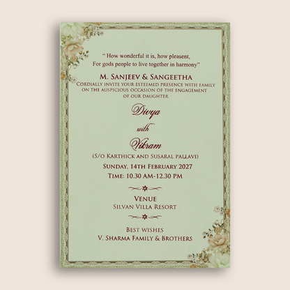 Light Green Single Sheet Floral Wedding Card - KNKS555G