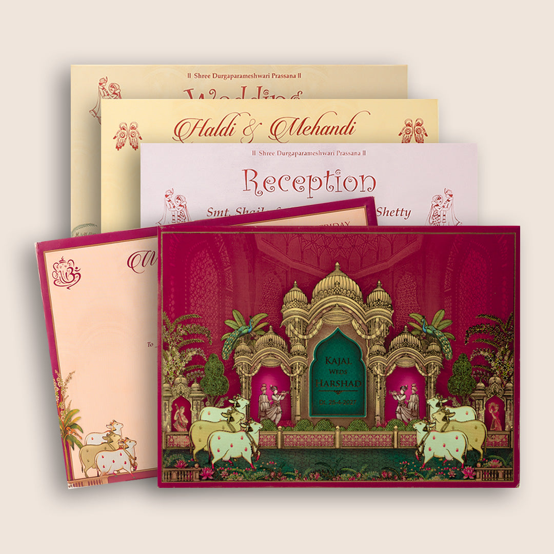 Maroon Floral Royal Palace Padded Wedding Card - KSH18320
