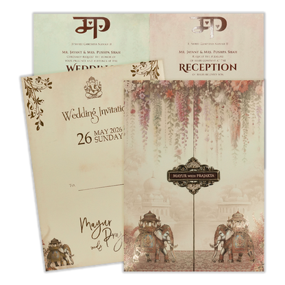 Cream Floral Palace Elephant Wedding Card-KSH73050