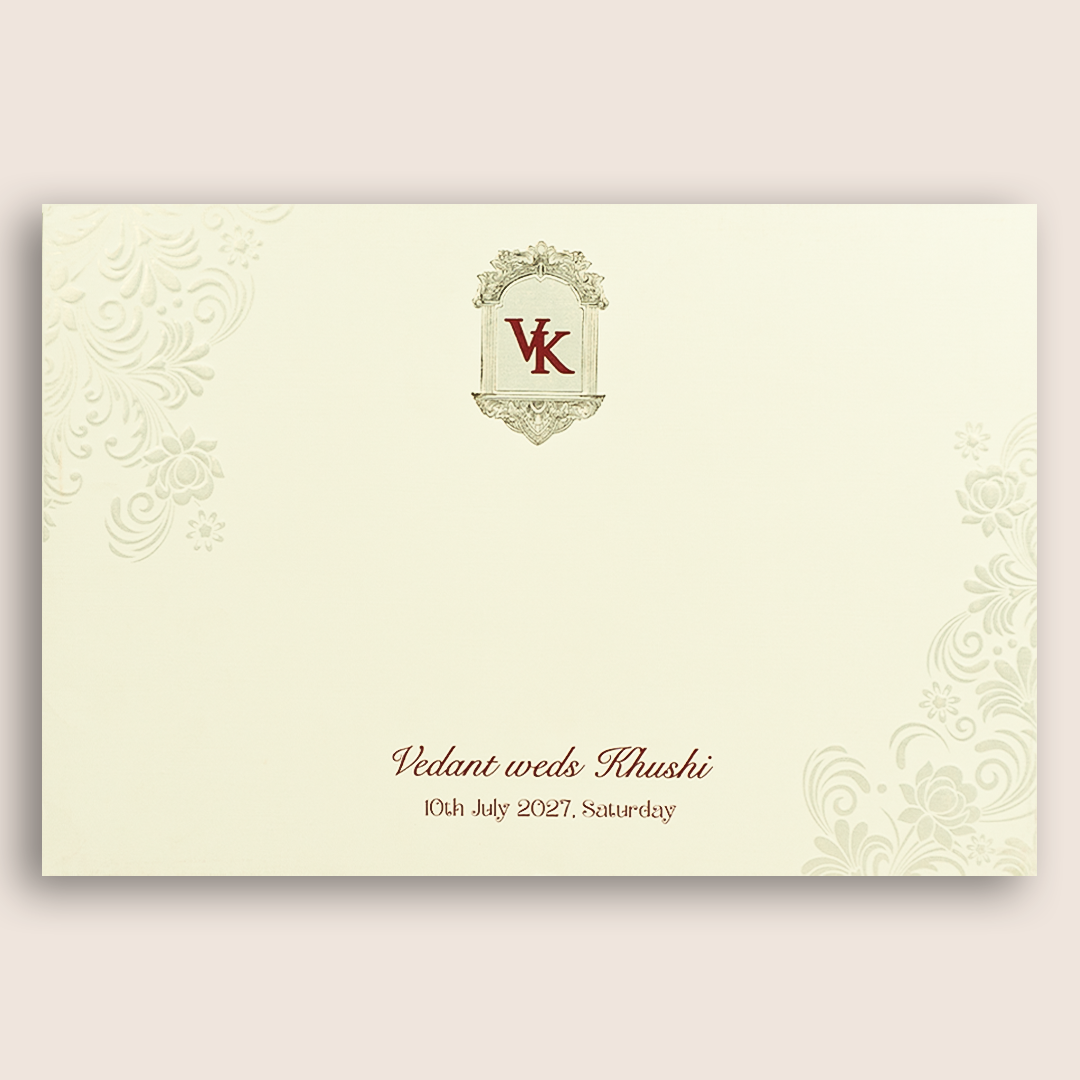 Ivory Embossed Floral Padded Wedding Card - KPR010340