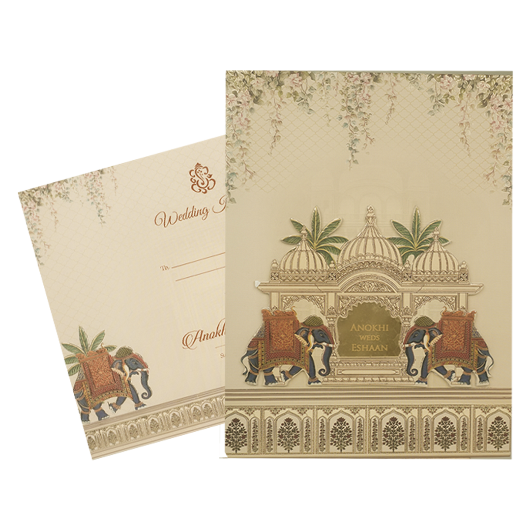 Cream Palace Laser Cut Padded Wedding Card-KJTS3685