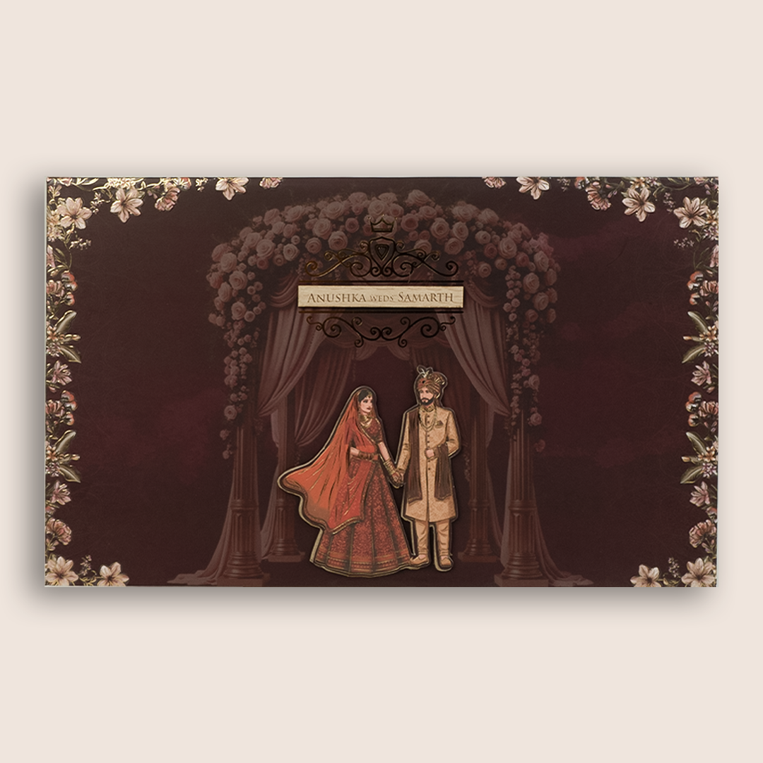 Brown Embossed Floral Bride Groom Padded Wedding Card - KVN07930