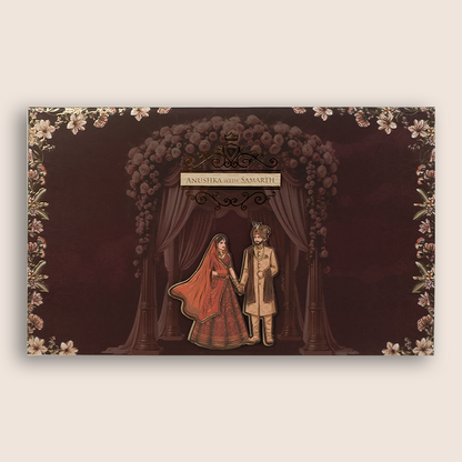 Brown Embossed Floral Bride Groom Padded Wedding Card - KVN07930