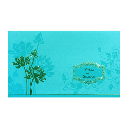 Blue Gold Embossed Lotus Wedding Invitation Card-KPR06340