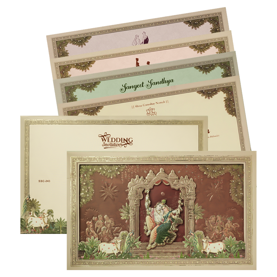 Brown Krishna Radha Padded Wedding Card-KSSC2430