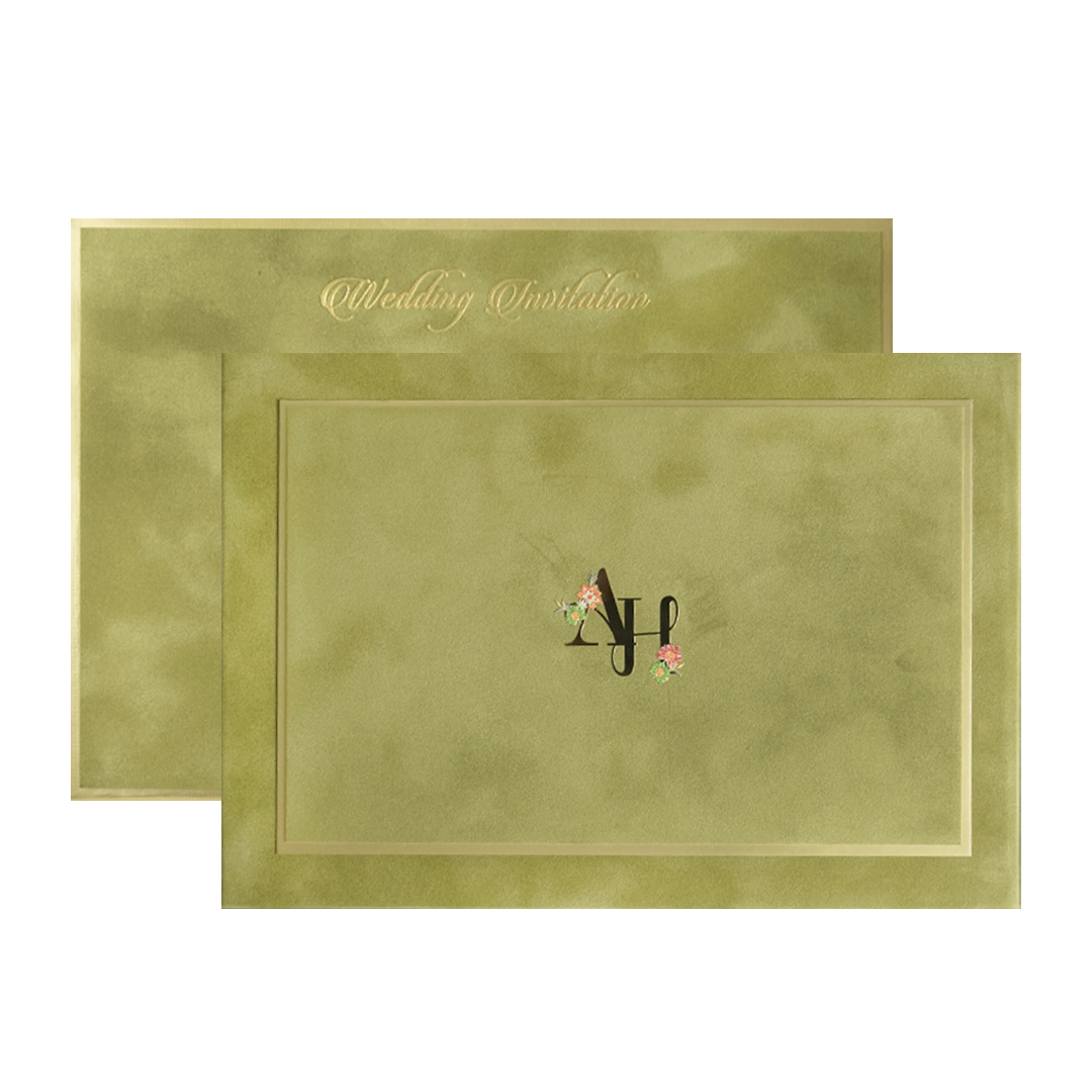 Olive Green Initials Padded Wedding Card-KMMWD1161