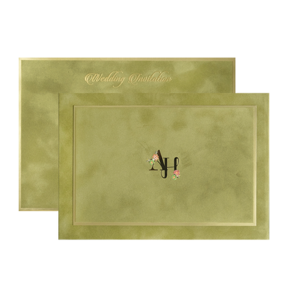 Olive Green Initials Padded Wedding Card-KMMWD1161
