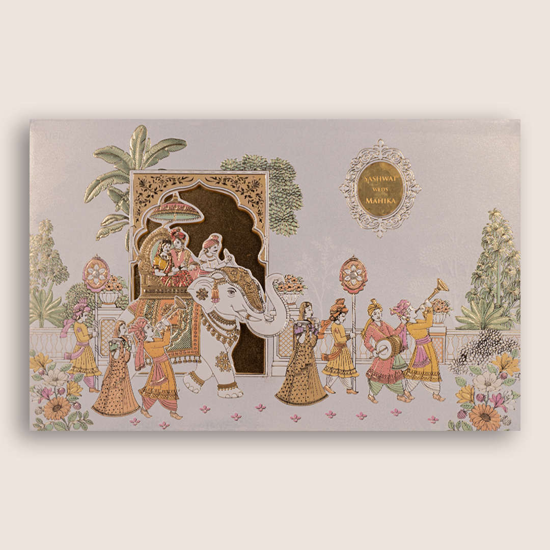White Royal Baraat Padded Wedding Invitation Card - KRE29300