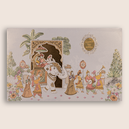 White Royal Baraat Padded Wedding Invitation Card - KRE29300