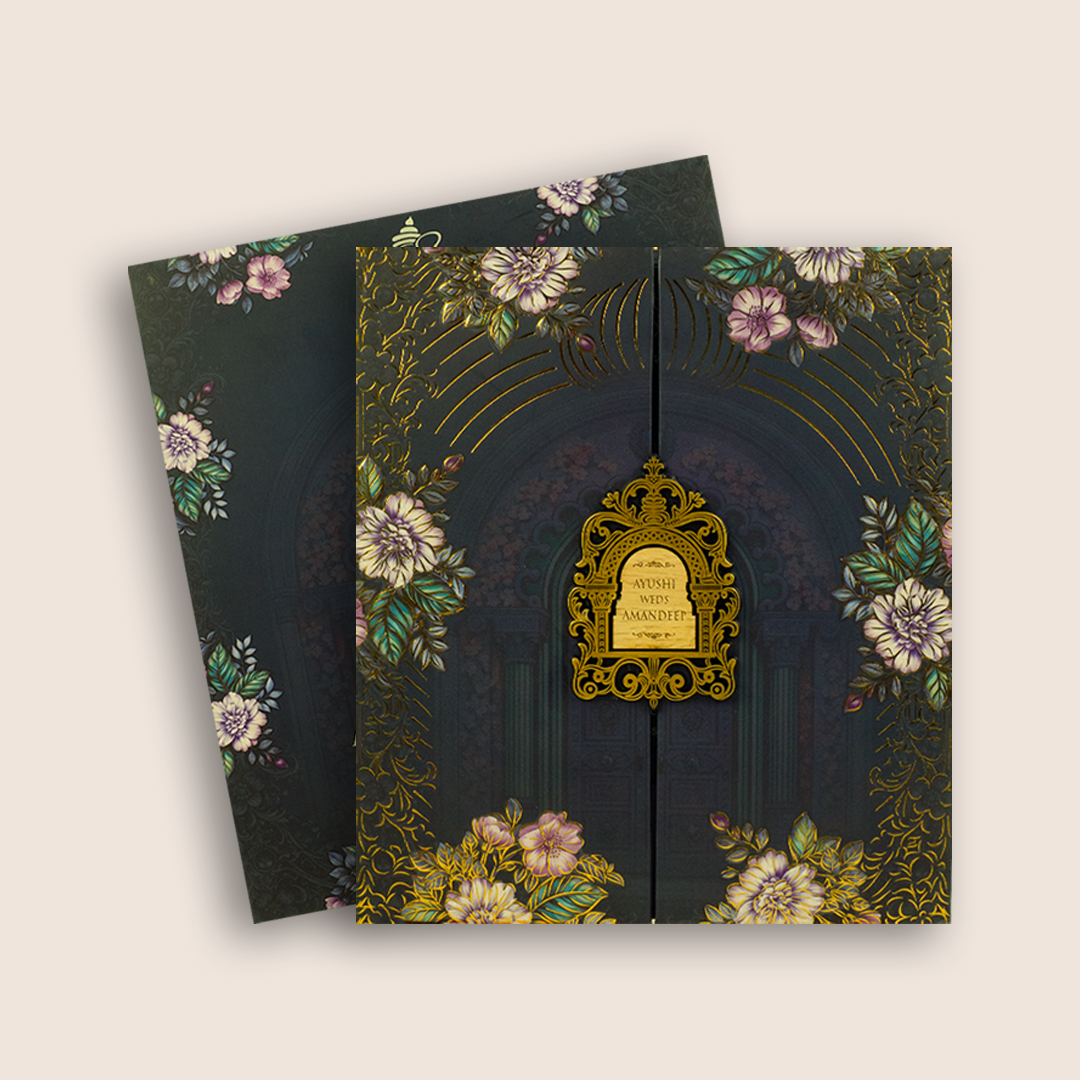 Navy Blue Door Style Padded Wedding Card - KVN07970