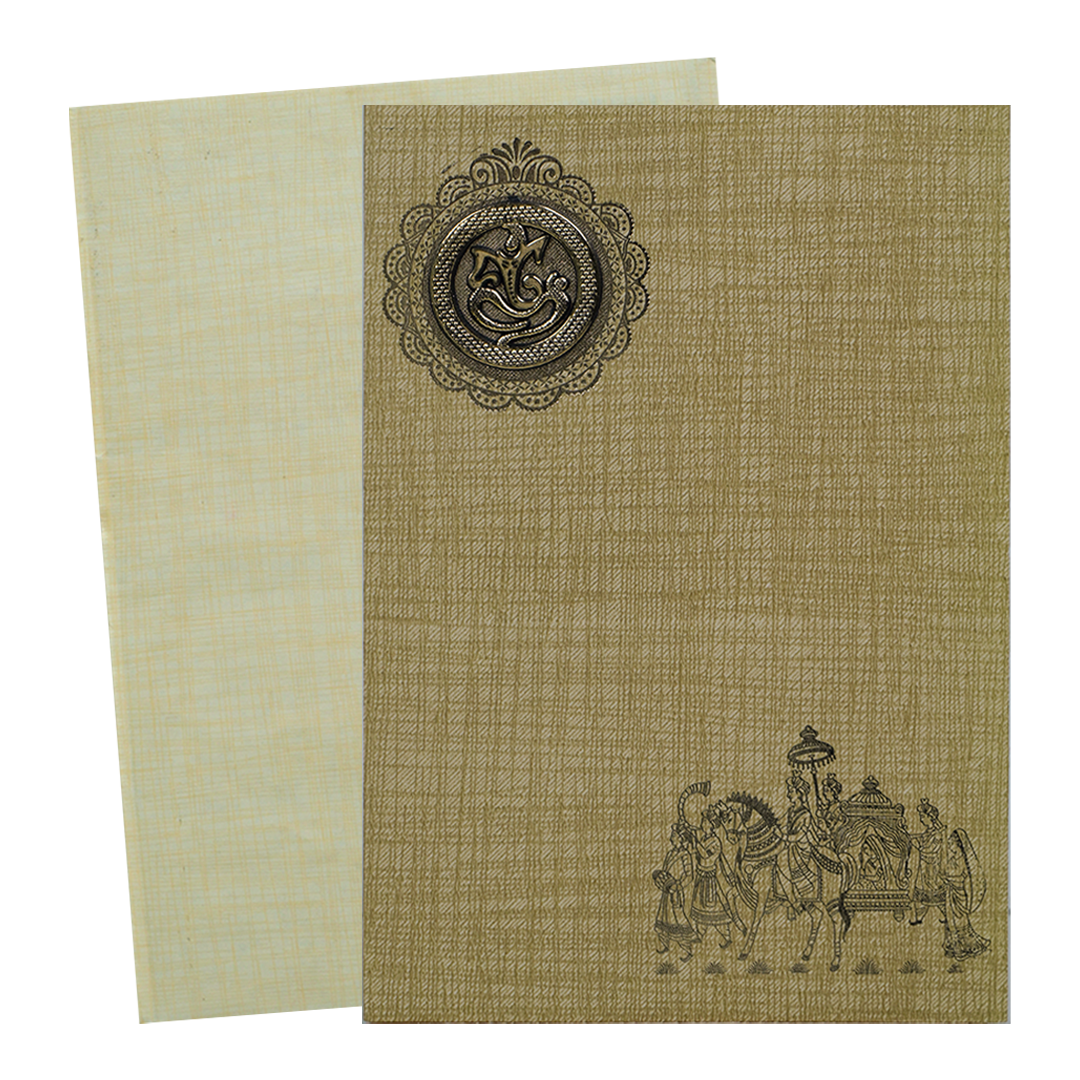 Brown Gold Prince Paper Print With Gold Foiling Baraat Print And Ganesh Sticker-KNPP717N