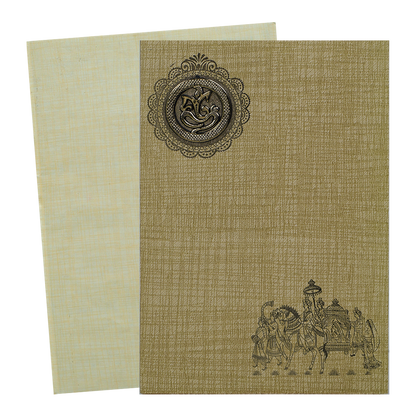 Brown Gold Prince Paper Print With Gold Foiling Baraat Print And Ganesh Sticker-KNPP717N