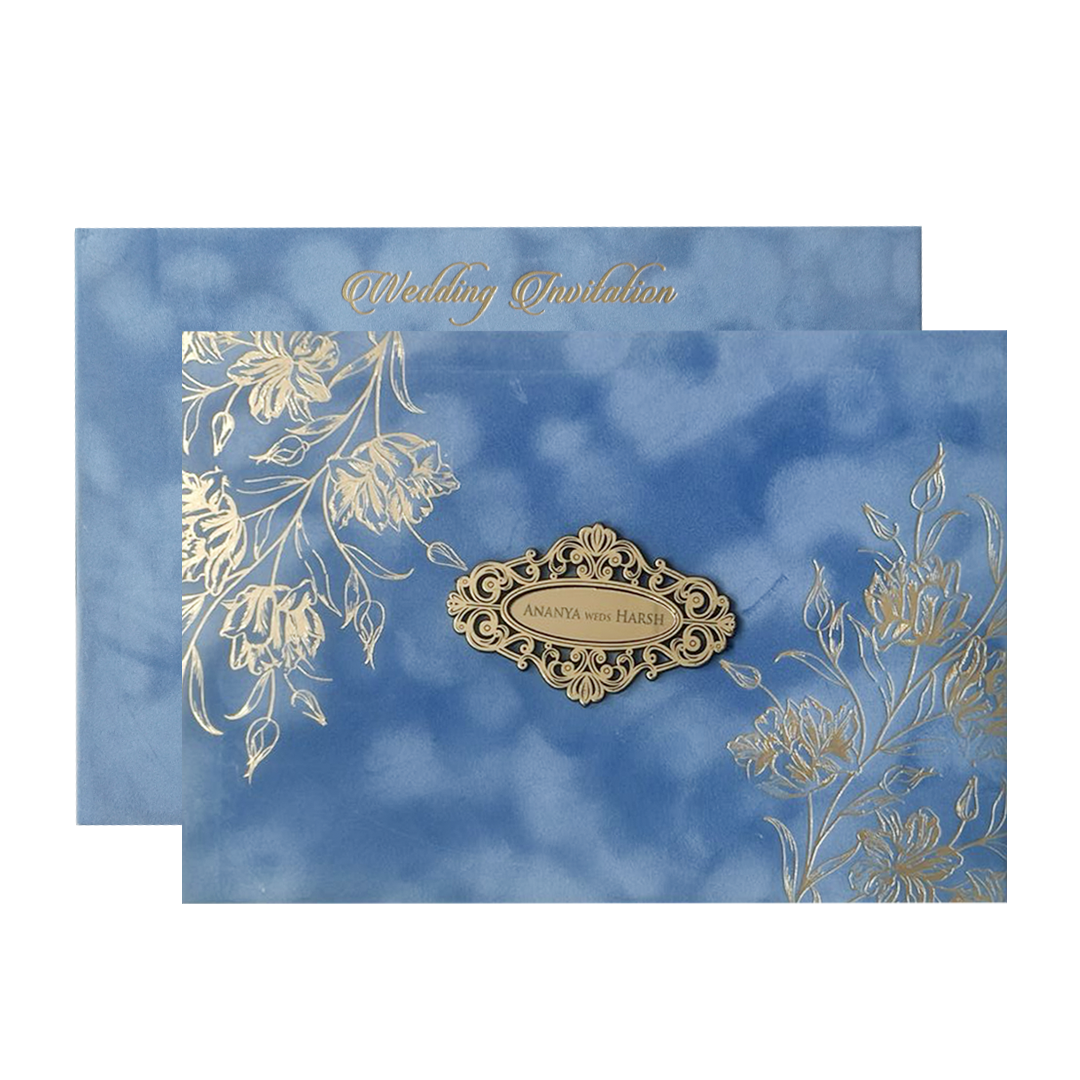 Blue Floral Emblem Padded Wedding Card-KMMWD1160