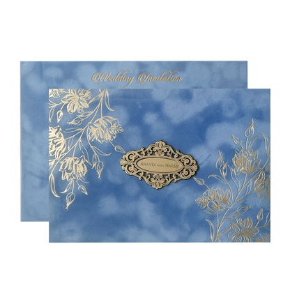 Blue Floral Emblem Padded Wedding Card-KMMWD1160