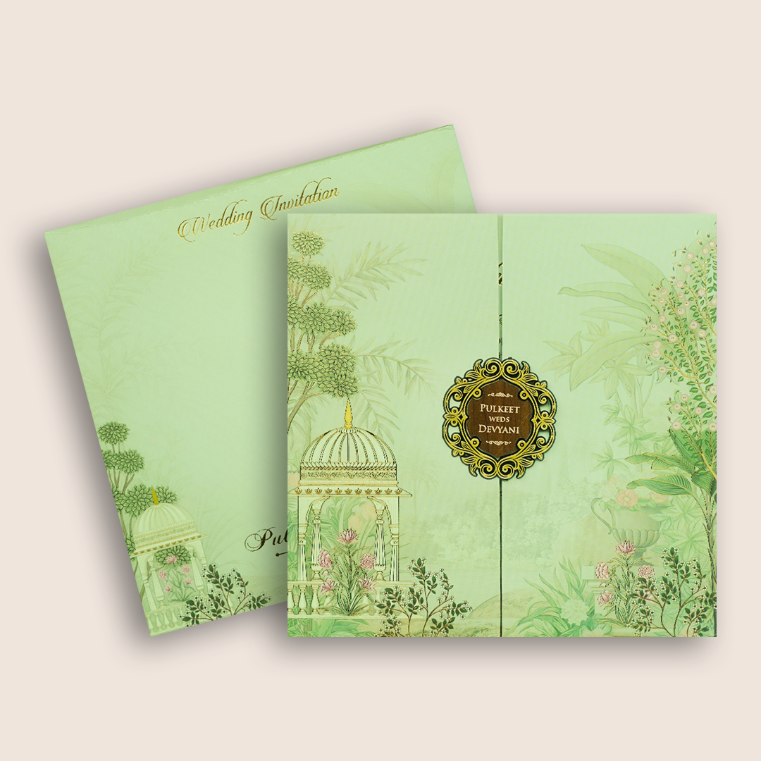 Pastel Green Jharokha Padded Door Style Wedding Card - KJTS1817