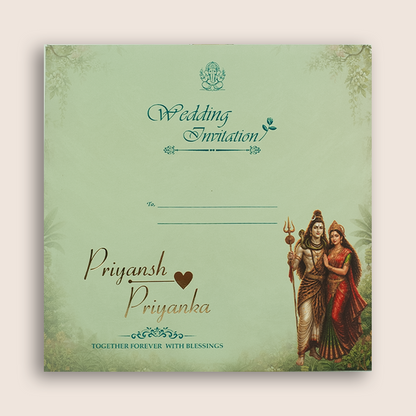 Green Padded Lord Shiva Parvathi Door Style Wedding Invitation - KSH18740