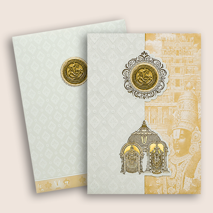 White Pastal Yellow Lord Venkateshwara Wedding Card - KNA2405Y