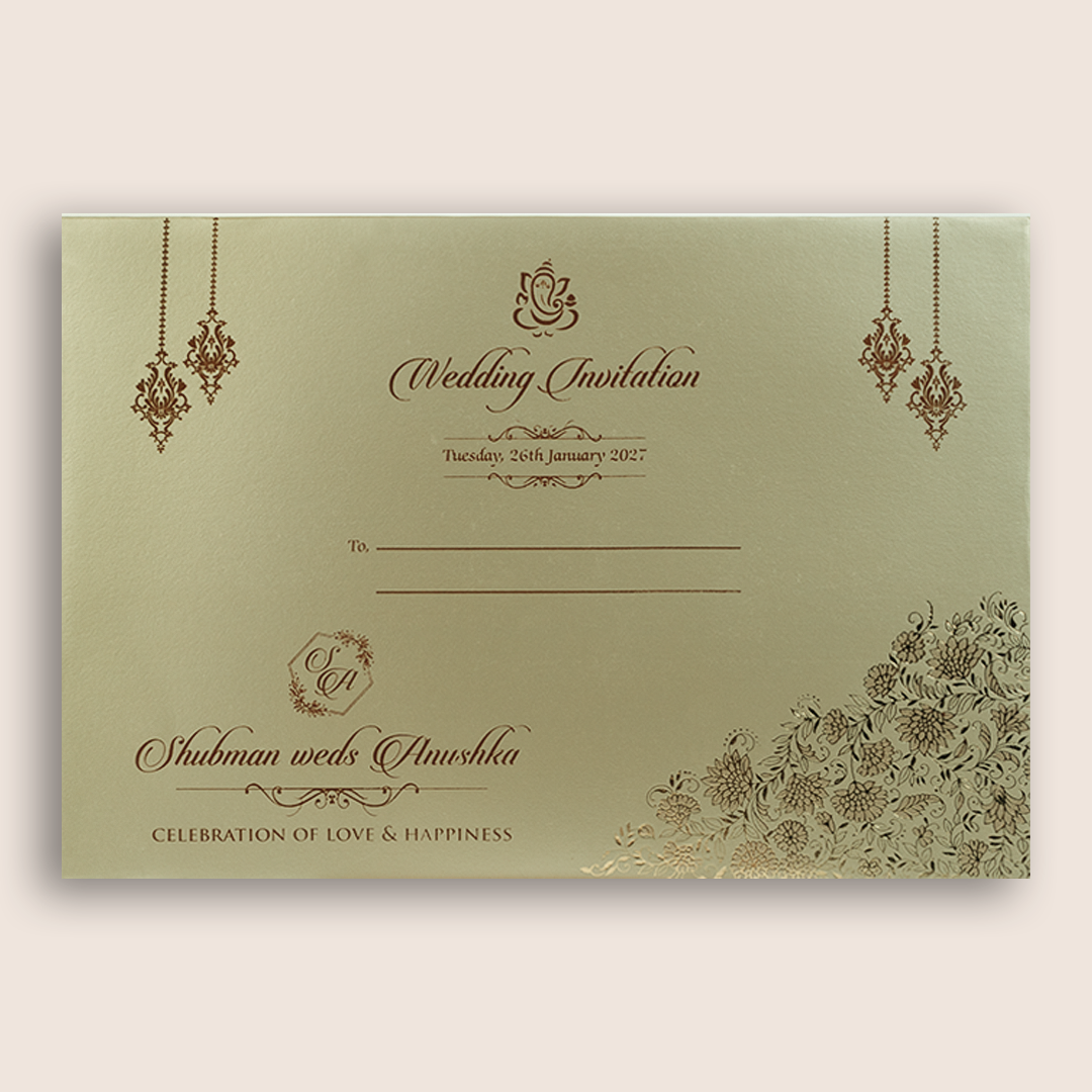 Gold Embossed Floral Door Style Padded Wedding Card - krb10411