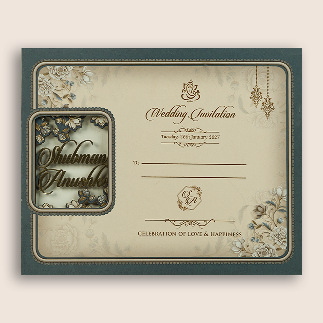 Grey Floral MDF Laser Cut Wedding Invitation Card - KRB10030