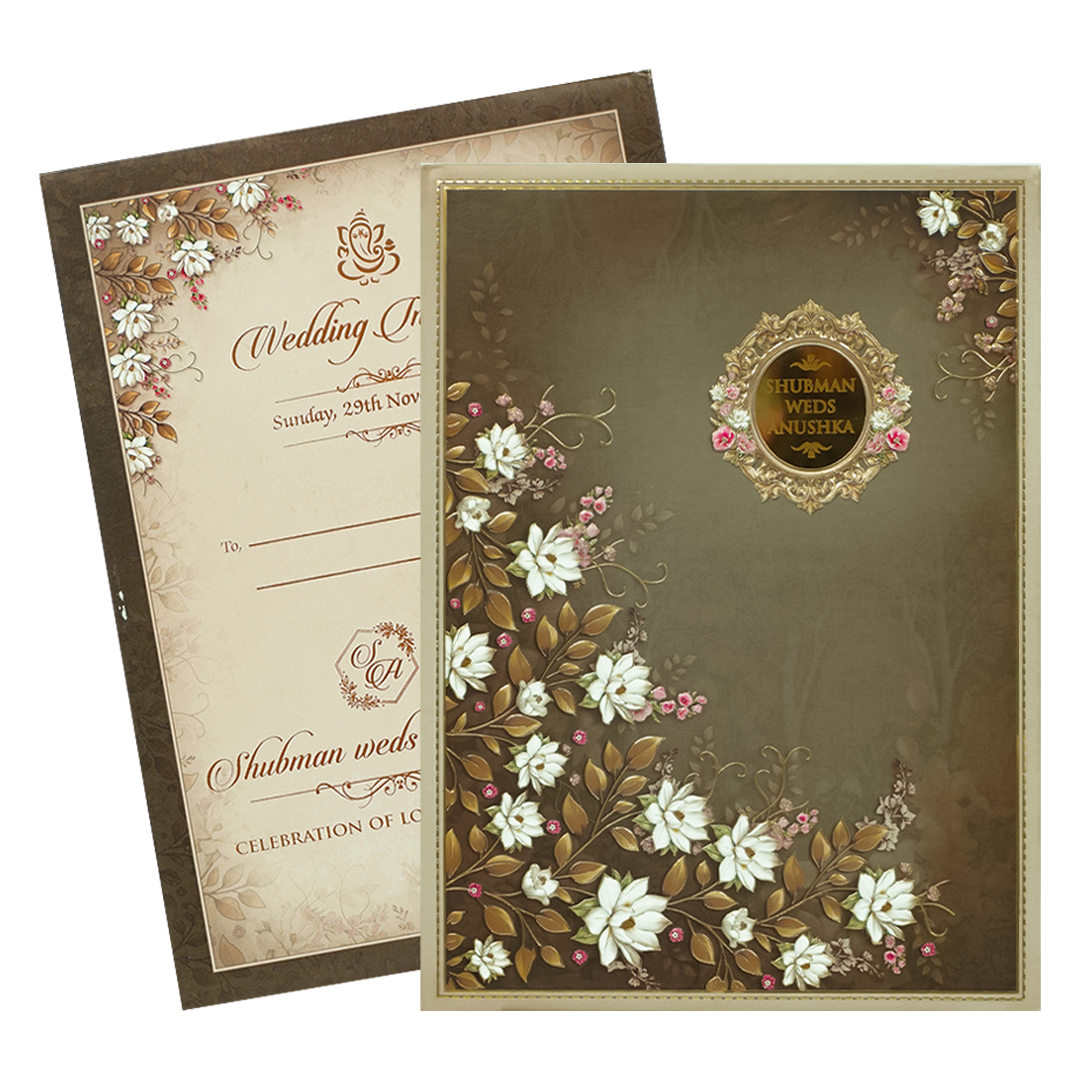 Brown White Lotus Padded Wedding Card-KRB09290