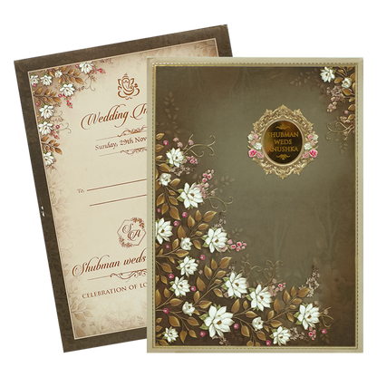 Brown White Lotus Padded Wedding Card-KRB09290