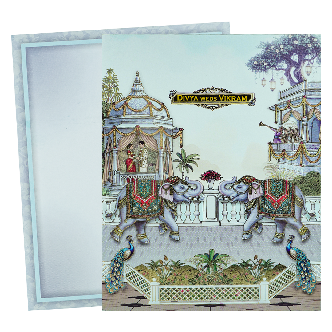 Blue Floral Peacock Wedding Card-KNKJ1160