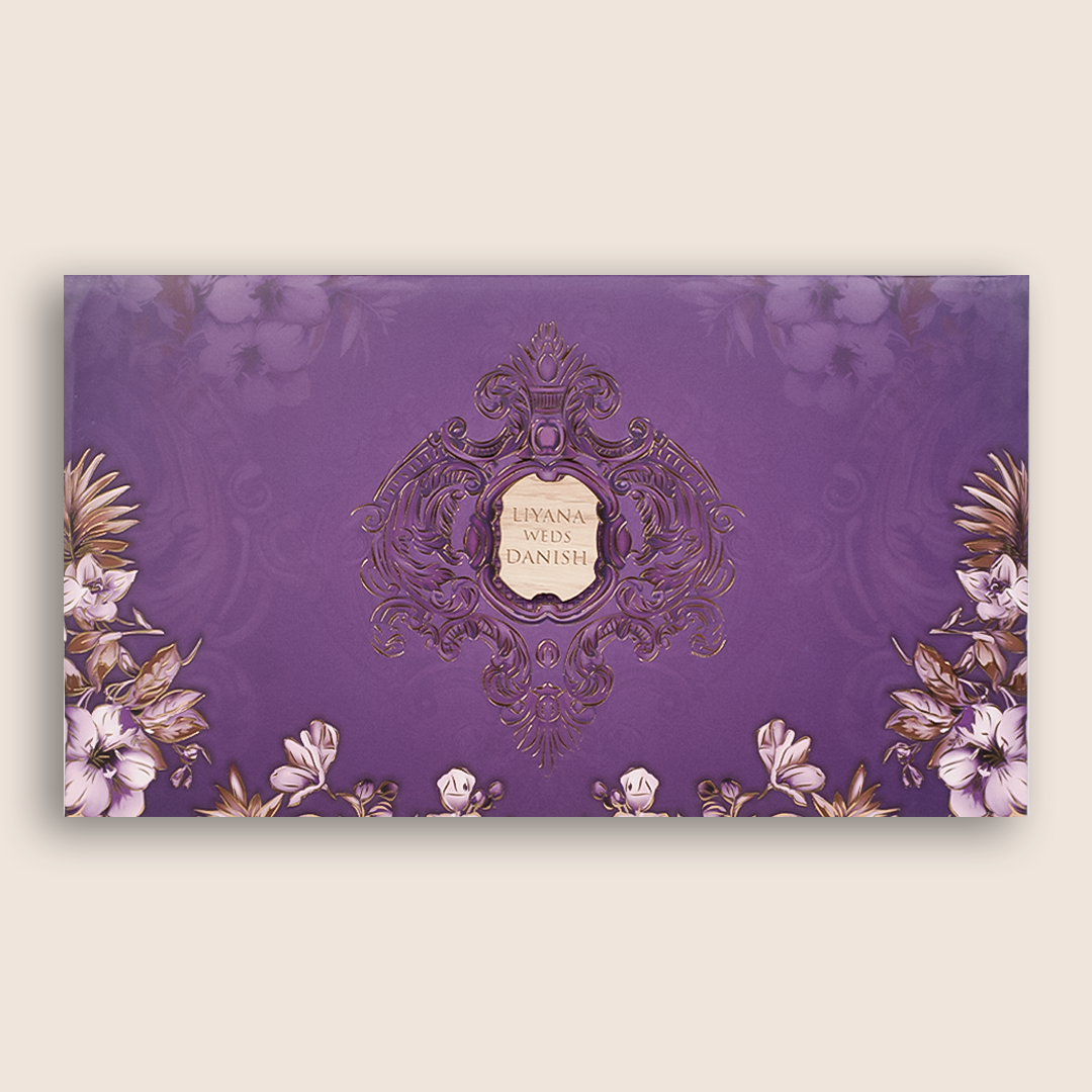 Purple Floral Three Fold Padded Wedding Card - KVN07450