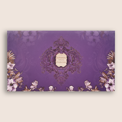 Purple Floral Three Fold Padded Wedding Card - KVN07450