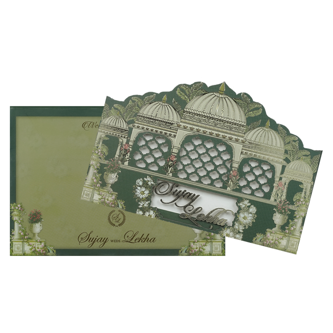 Royal Green Palace Cutout Wedding Card-KRE27310