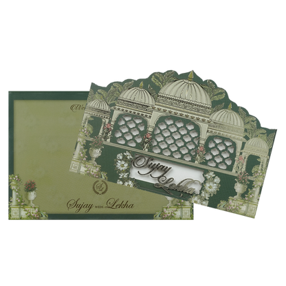 Royal Green Palace Cutout Wedding Card-KRE27310
