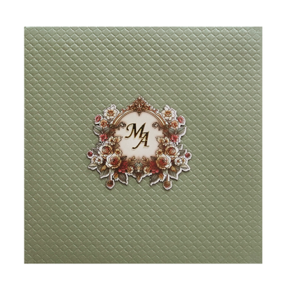 Metallic Green Quilted Floral Monogram Wedding Card - KMMWD1127