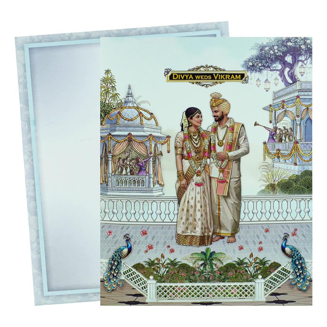 Blue Bride Groom Peacock Wedding Card-KNKJ1161