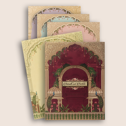 Maroon Padded Floral Peacock Wedding Card - KAA05740