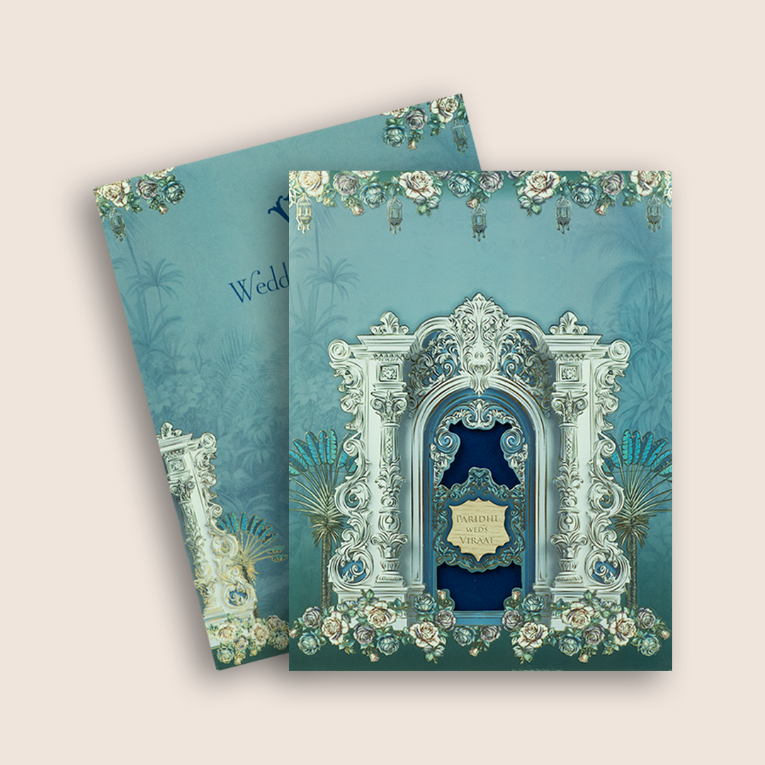 Blue Padded Floral Palace Wedding Card - KVN08010