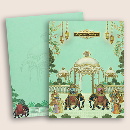 Pastel Green Royal Elephant Floral Wedding Card - KNKJ1159