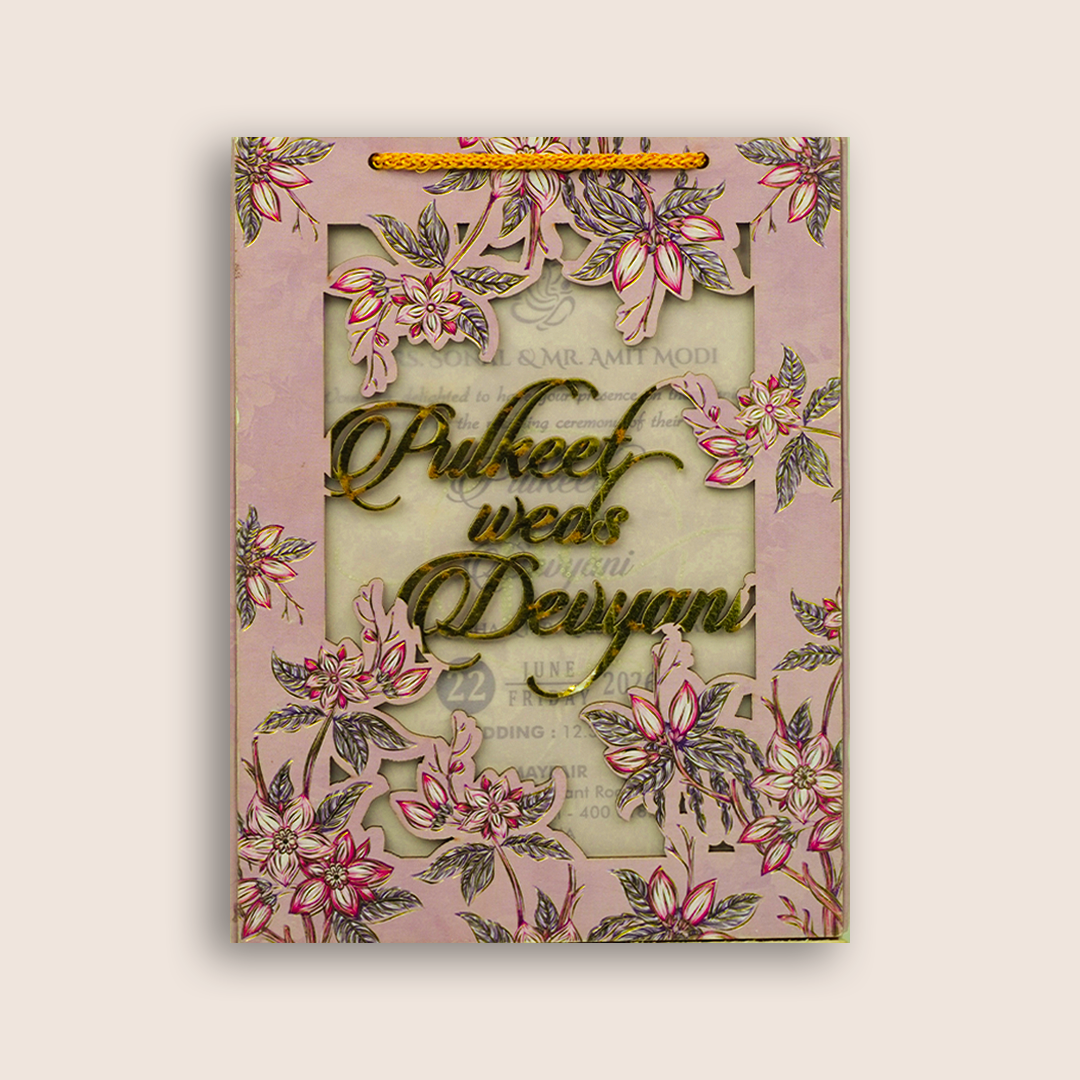 Lavender Floral MDF Laser Cut Marriage Invitation Card - KJTS1716