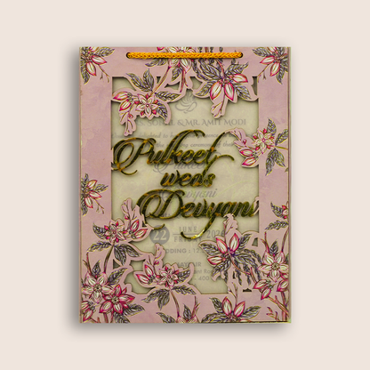 Lavender Floral MDF Laser Cut Marriage Invitation Card - KJTS1716
