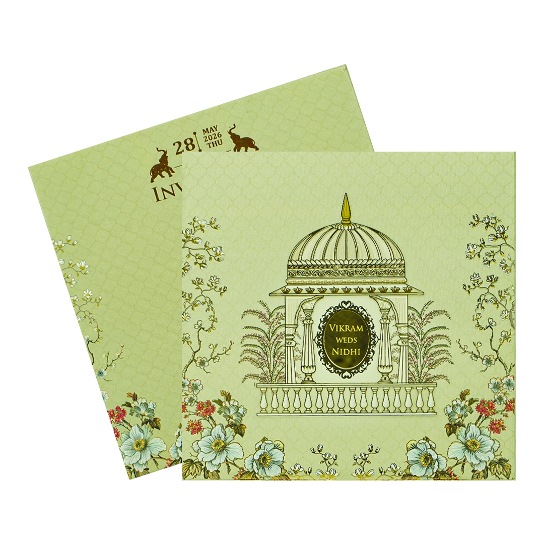 Green Gazebo Floral Elegant Padded Wedding Card-KRE27110