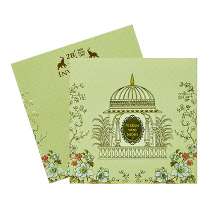 Green Gazebo Floral Elegant Padded Wedding Card-KRE27110