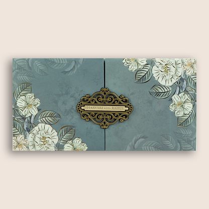 Pastel Blue Floral Padded Door Style Wedding Card - KVN06860