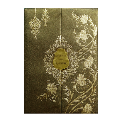 Brown Gold Padded Door Style Wedding Card-KRB08340