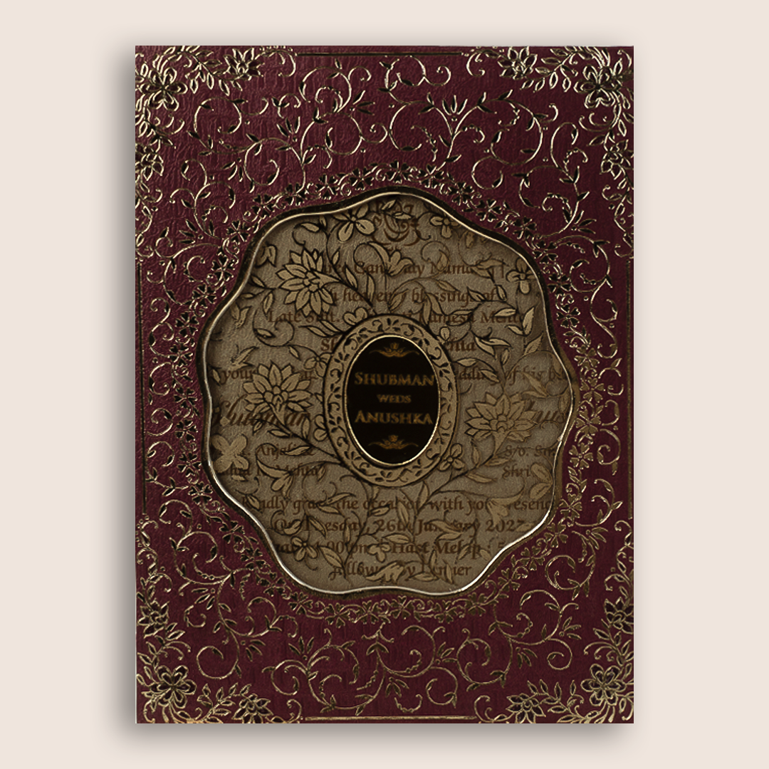 Maroon Floral MDF Laser Cut Wedding Invitation - KRB10151
