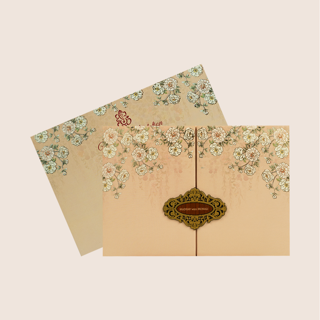 Peach Floral Door Style Padded Wedding Card - KJTS3673