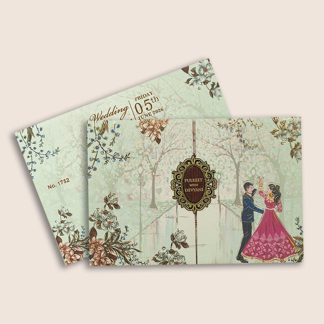 Pastel Green Bride Groom Door Style Marriage Card - KJTS1752