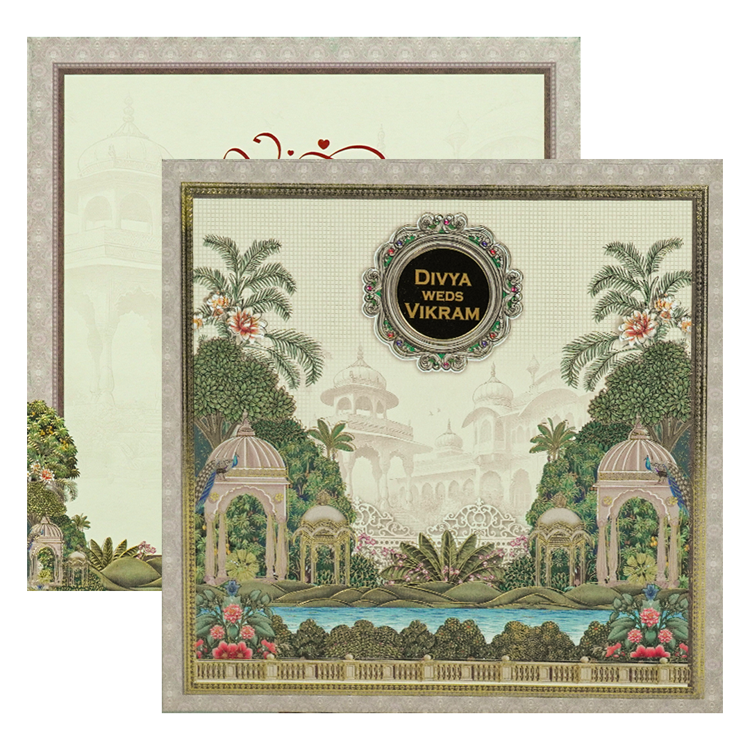 Cream Padded Garden Palace Wedding Card-KNPO5572C