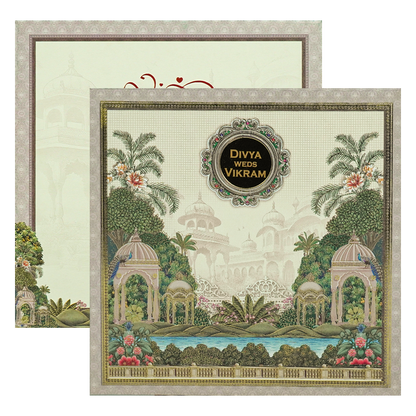 Cream Padded Garden Palace Wedding Card-KNPO5572C