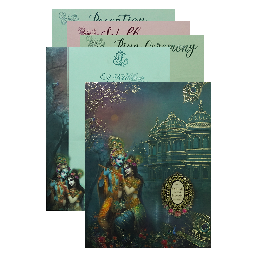 Blue Krishna Radha Padded Wedding Card-KSH72390