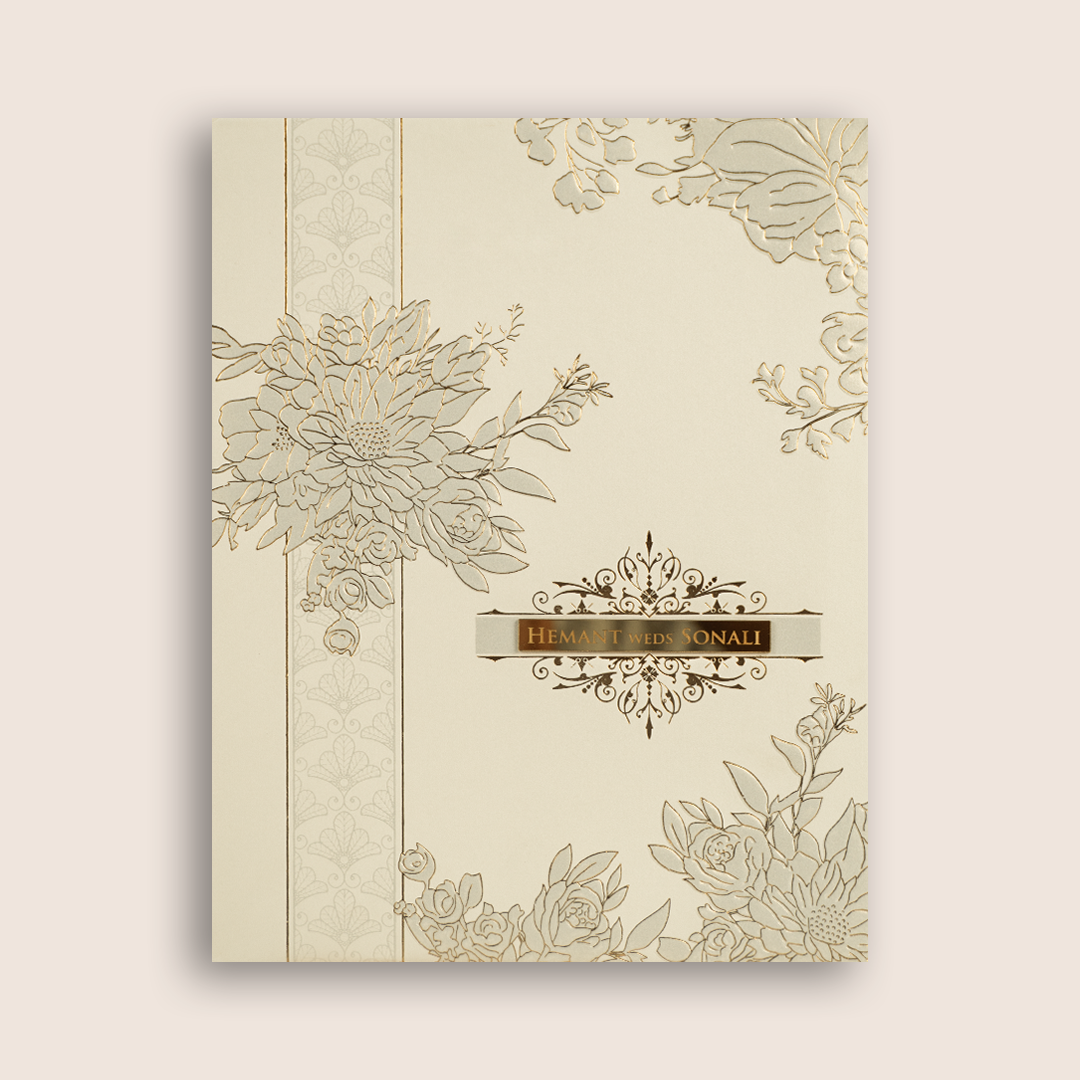White Golden Floral Embossed Padded Wedding Card - KPR010240